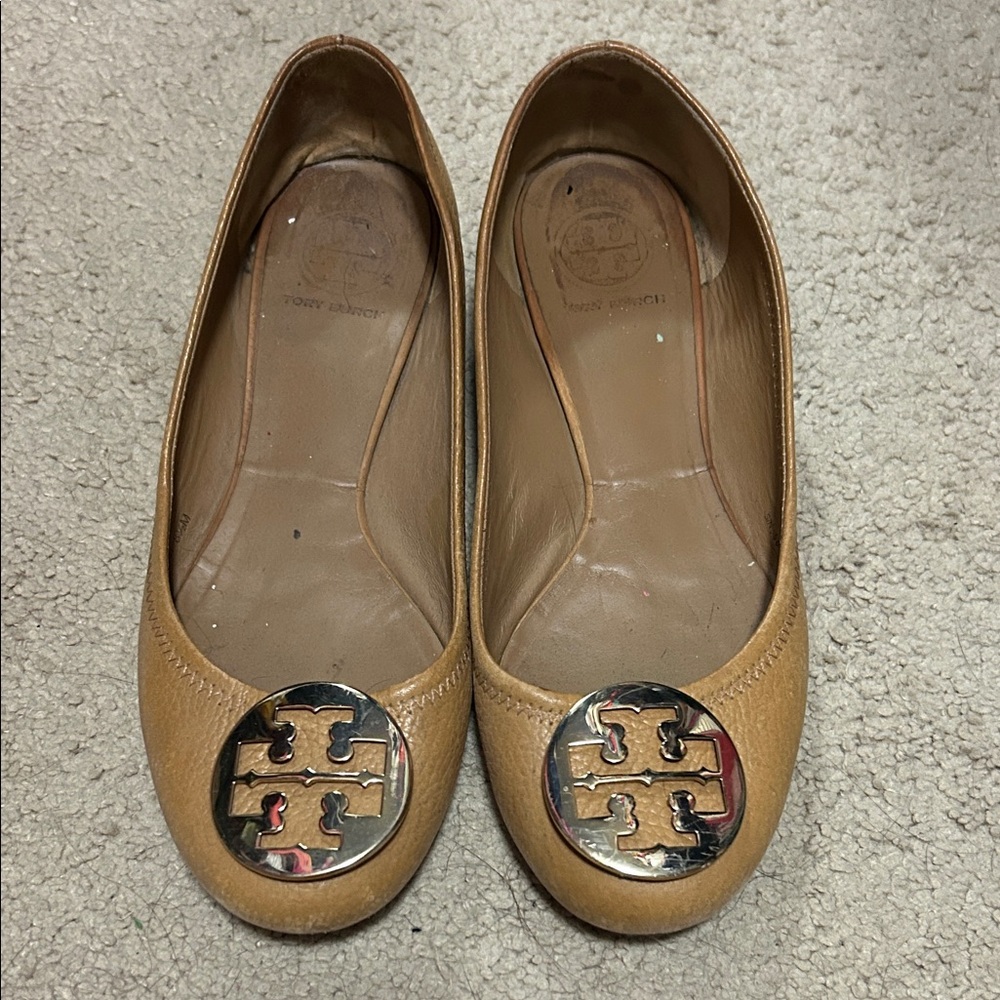 Tory Burch Camel Leather Flats with Gold Logo